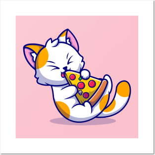 Cute Cat Eating Pizza Cartoon Posters and Art